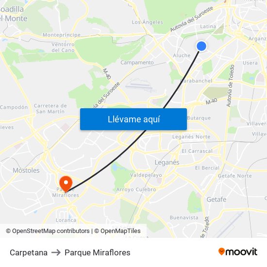 Carpetana to Parque Miraflores map