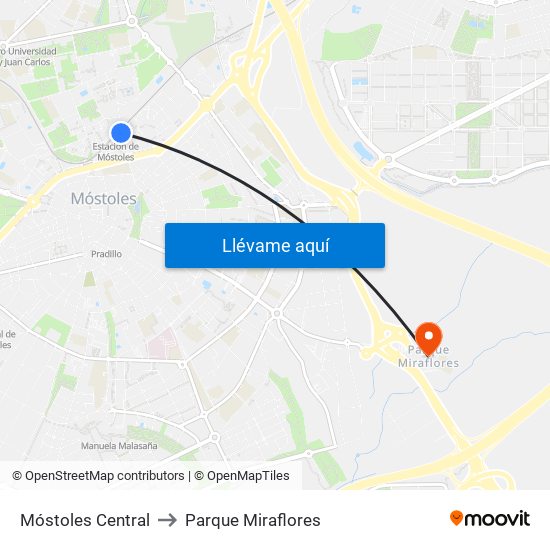 Móstoles Central to Parque Miraflores map