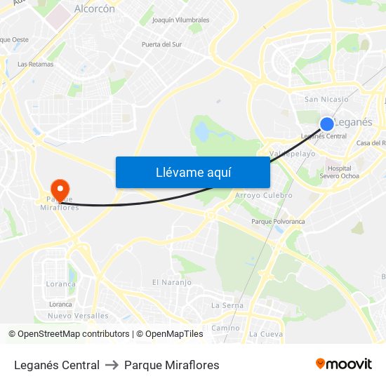 Leganés Central to Parque Miraflores map