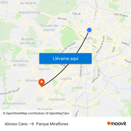 Alonso Cano to Parque Miraflores map