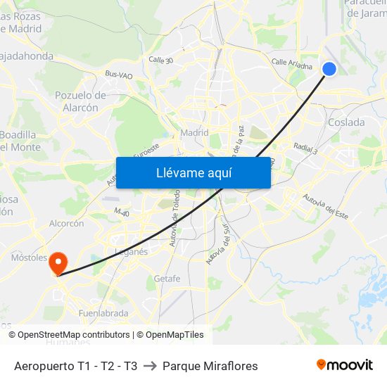Aeropuerto T1 - T2 - T3 to Parque Miraflores map