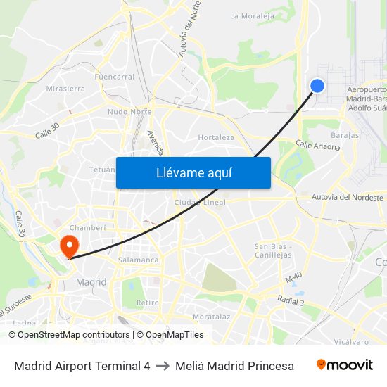 Madrid Airport Terminal 4 to Meliá Madrid Princesa map