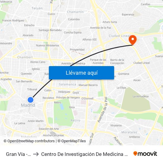 Gran Vía - Montera to Centro De Investigación De Medicina Aeroespacial, Ejército Del Aire map