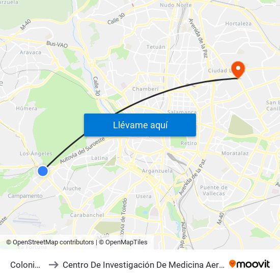Colonia Jardín to Centro De Investigación De Medicina Aeroespacial, Ejército Del Aire map