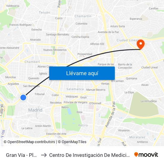 Gran Vía - Plaza De España to Centro De Investigación De Medicina Aeroespacial, Ejército Del Aire map