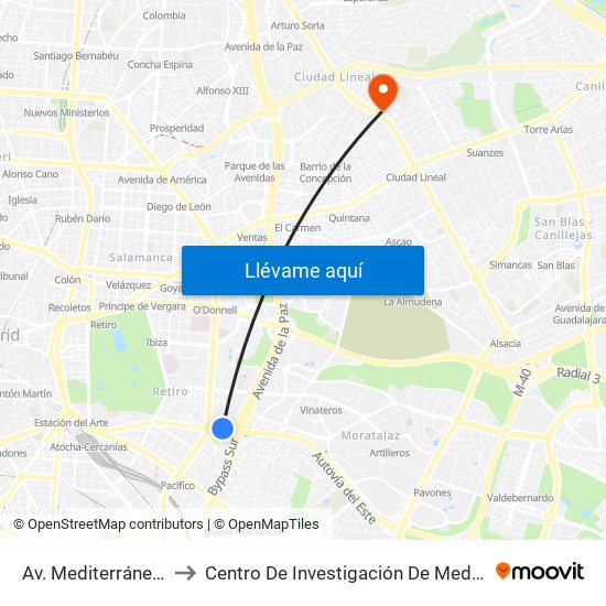 Av. Mediterráneo - Conde De Casal to Centro De Investigación De Medicina Aeroespacial, Ejército Del Aire map