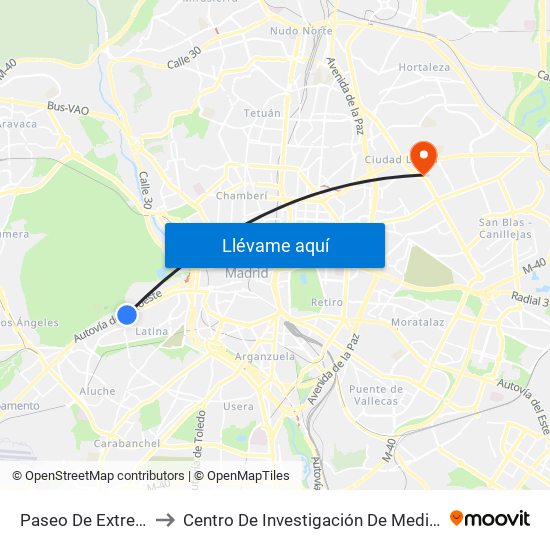 Paseo De Extremadura - El Greco to Centro De Investigación De Medicina Aeroespacial, Ejército Del Aire map