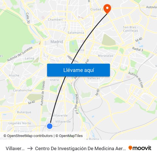 Villaverde Alto to Centro De Investigación De Medicina Aeroespacial, Ejército Del Aire map