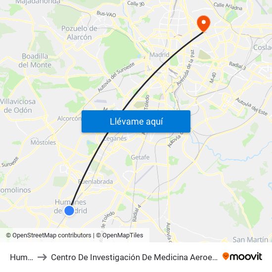 Humanes to Centro De Investigación De Medicina Aeroespacial, Ejército Del Aire map