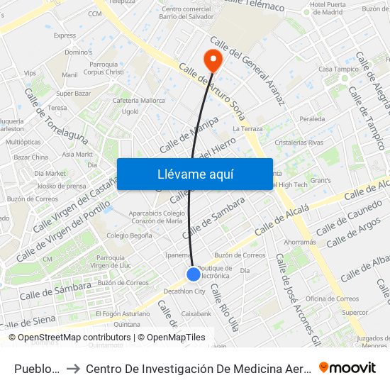 Pueblo Nuevo to Centro De Investigación De Medicina Aeroespacial, Ejército Del Aire map