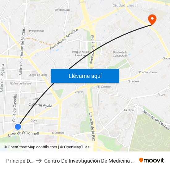 Príncipe De Vergara to Centro De Investigación De Medicina Aeroespacial, Ejército Del Aire map