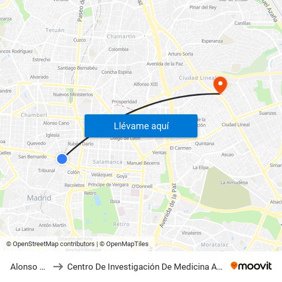 Alonso Martínez to Centro De Investigación De Medicina Aeroespacial, Ejército Del Aire map