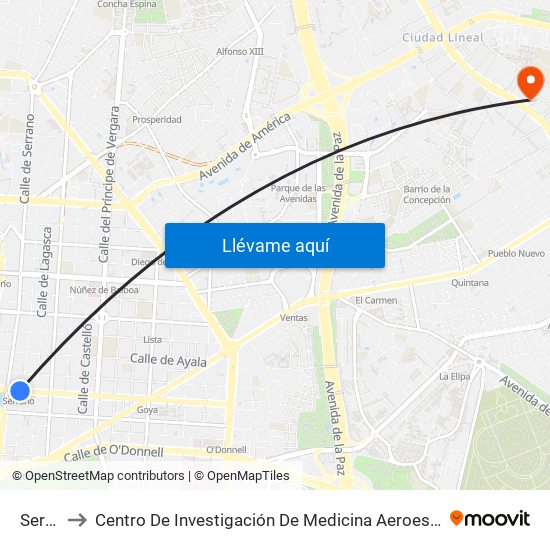 Serrano to Centro De Investigación De Medicina Aeroespacial, Ejército Del Aire map