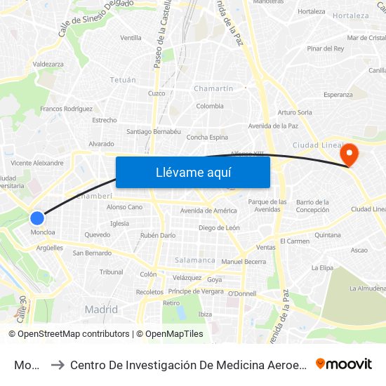 Moncloa to Centro De Investigación De Medicina Aeroespacial, Ejército Del Aire map