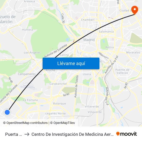 Puerta Del Sur to Centro De Investigación De Medicina Aeroespacial, Ejército Del Aire map