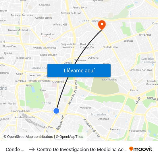 Conde De Casal to Centro De Investigación De Medicina Aeroespacial, Ejército Del Aire map