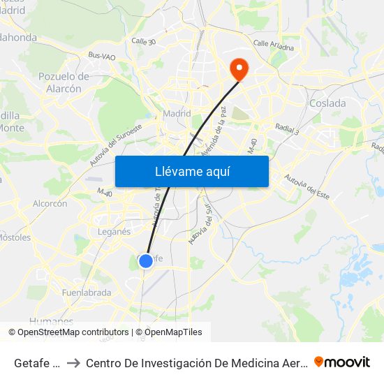 Getafe Central to Centro De Investigación De Medicina Aeroespacial, Ejército Del Aire map