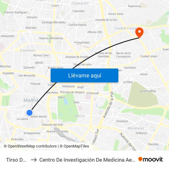 Tirso De Molina to Centro De Investigación De Medicina Aeroespacial, Ejército Del Aire map