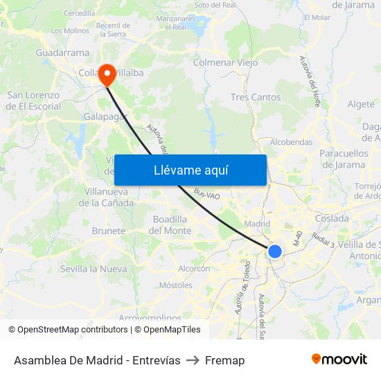 Asamblea De Madrid - Entrevías to Fremap map