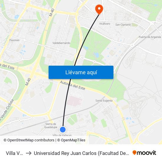 Villa Vallecas to Universidad Rey Juan Carlos (Facultad De Ciencias Jurídicas Y Sociales) map