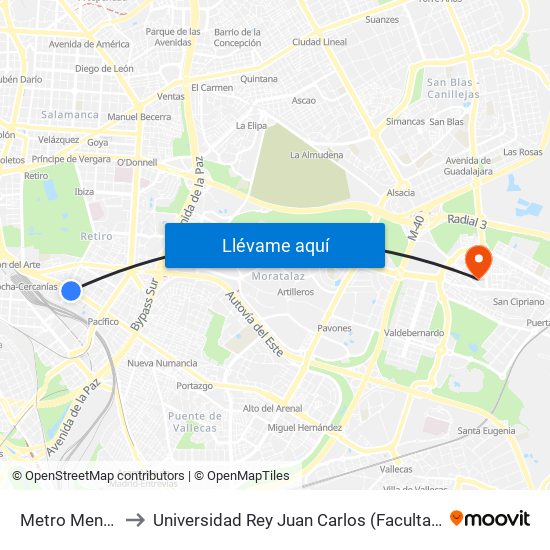 Metro Menéndez Pelayo to Universidad Rey Juan Carlos (Facultad De Ciencias Jurídicas Y Sociales) map