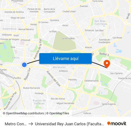 Metro Conde De Casal to Universidad Rey Juan Carlos (Facultad De Ciencias Jurídicas Y Sociales) map
