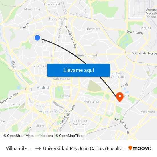 Villaamil - San Restituto to Universidad Rey Juan Carlos (Facultad De Ciencias Jurídicas Y Sociales) map