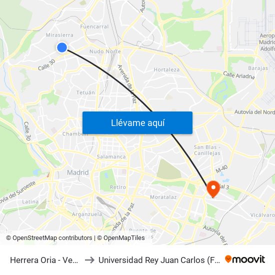 Herrera Oria - Ventisquero De La Condesa to Universidad Rey Juan Carlos (Facultad De Ciencias Jurídicas Y Sociales) map