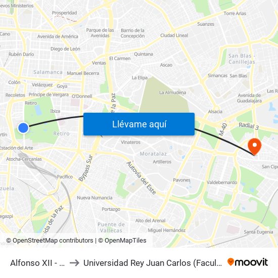 Alfonso XII - Jardín Botánico to Universidad Rey Juan Carlos (Facultad De Ciencias Jurídicas Y Sociales) map