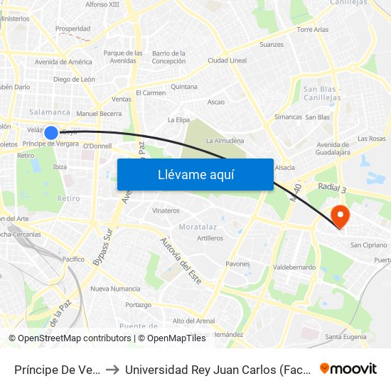 Príncipe De Vergara - Jorge Juan to Universidad Rey Juan Carlos (Facultad De Ciencias Jurídicas Y Sociales) map