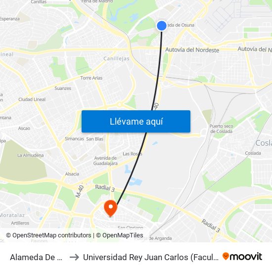 Alameda De Osuna - Carabela to Universidad Rey Juan Carlos (Facultad De Ciencias Jurídicas Y Sociales) map