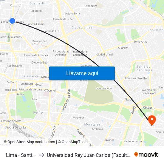 Lima - Santiago Bernabéu to Universidad Rey Juan Carlos (Facultad De Ciencias Jurídicas Y Sociales) map