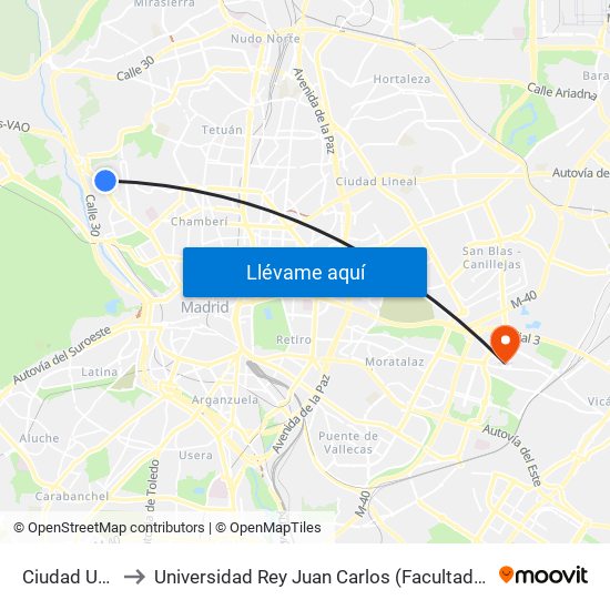 Ciudad Universitaria to Universidad Rey Juan Carlos (Facultad De Ciencias Jurídicas Y Sociales) map