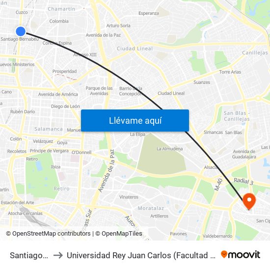 Santiago Bernabéu to Universidad Rey Juan Carlos (Facultad De Ciencias Jurídicas Y Sociales) map
