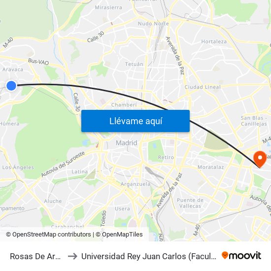 Rosas De Aravaca - Estación to Universidad Rey Juan Carlos (Facultad De Ciencias Jurídicas Y Sociales) map