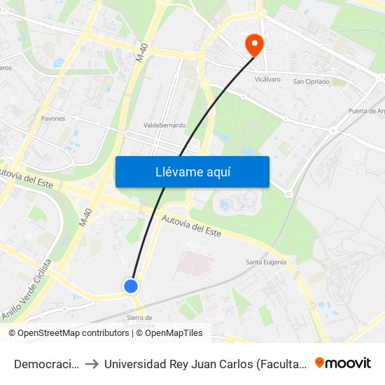 Democracia - Arboleda to Universidad Rey Juan Carlos (Facultad De Ciencias Jurídicas Y Sociales) map