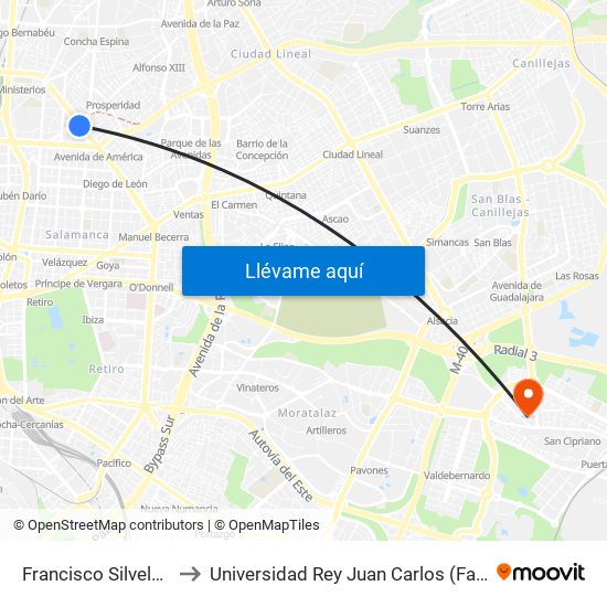 Francisco Silvela - Príncipe De Vergara to Universidad Rey Juan Carlos (Facultad De Ciencias Jurídicas Y Sociales) map