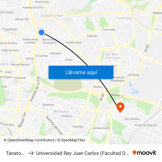 Tanatorio M-30 to Universidad Rey Juan Carlos (Facultad De Ciencias Jurídicas Y Sociales) map