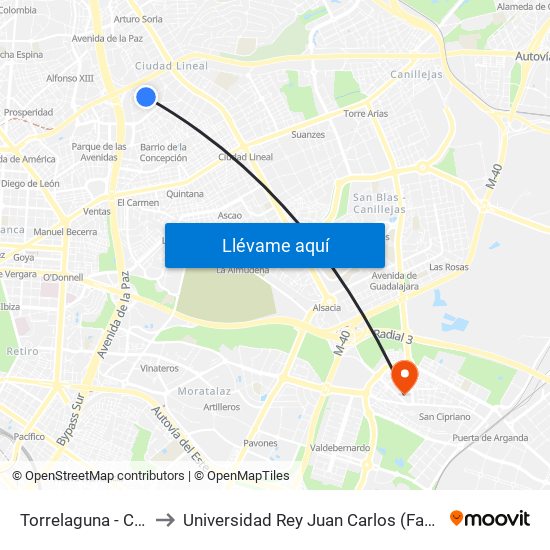 Torrelaguna - Condesa De Venadito to Universidad Rey Juan Carlos (Facultad De Ciencias Jurídicas Y Sociales) map