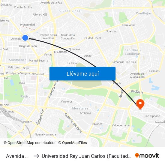 Avenida De América to Universidad Rey Juan Carlos (Facultad De Ciencias Jurídicas Y Sociales) map