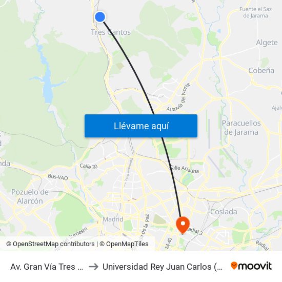 Av. Gran Vía Tres Cantos - Pza. Hoya Tocón to Universidad Rey Juan Carlos (Facultad De Ciencias Jurídicas Y Sociales) map