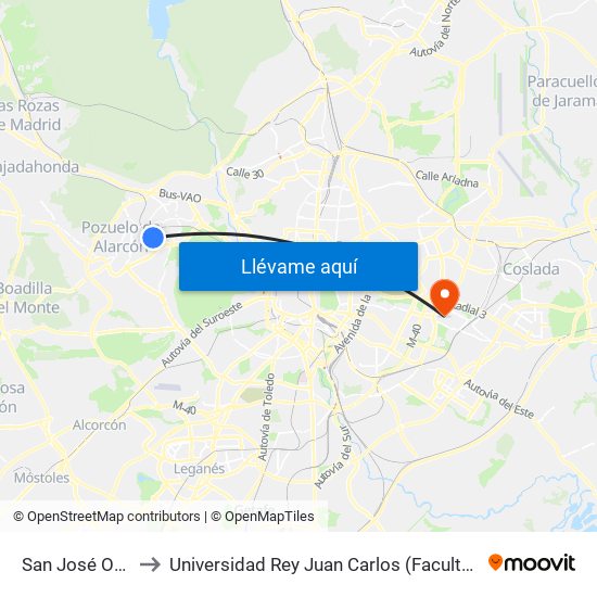 San José Obrero - Júpiter to Universidad Rey Juan Carlos (Facultad De Ciencias Jurídicas Y Sociales) map