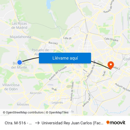 Ctra. M-516 - Urb. Pino Centinela to Universidad Rey Juan Carlos (Facultad De Ciencias Jurídicas Y Sociales) map