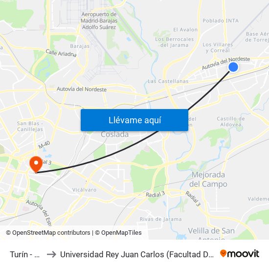 Turín - Veredilla to Universidad Rey Juan Carlos (Facultad De Ciencias Jurídicas Y Sociales) map