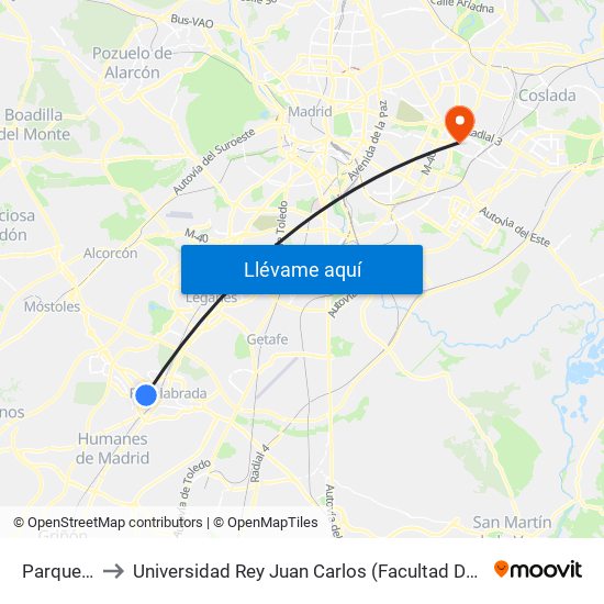 Parque Europa to Universidad Rey Juan Carlos (Facultad De Ciencias Jurídicas Y Sociales) map