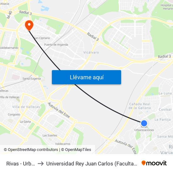 Rivas - Urbanizaciones to Universidad Rey Juan Carlos (Facultad De Ciencias Jurídicas Y Sociales) map