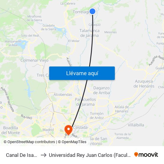 Canal De Isabel II - Torrearte to Universidad Rey Juan Carlos (Facultad De Ciencias Jurídicas Y Sociales) map