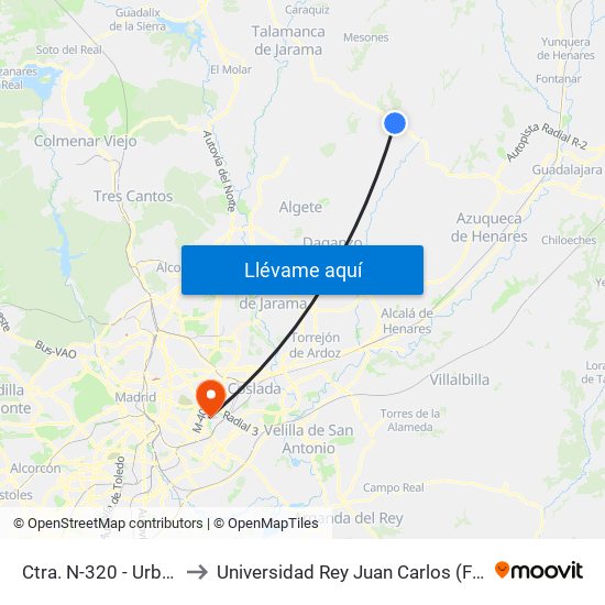 Ctra. N-320 - Urb. Parque De Las Castillas to Universidad Rey Juan Carlos (Facultad De Ciencias Jurídicas Y Sociales) map