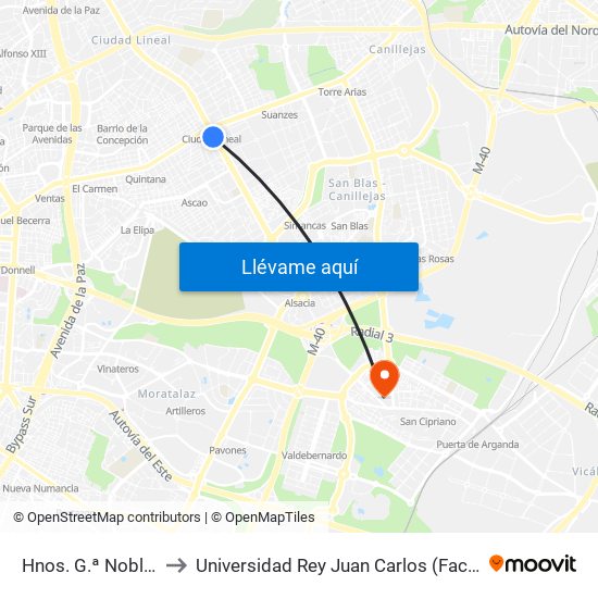 Hnos. G.ª Noblejas - Ciudad Lineal to Universidad Rey Juan Carlos (Facultad De Ciencias Jurídicas Y Sociales) map
