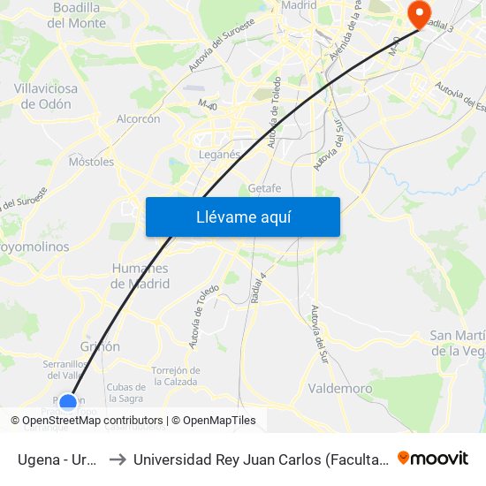Ugena - Urb. Los Llanos to Universidad Rey Juan Carlos (Facultad De Ciencias Jurídicas Y Sociales) map
